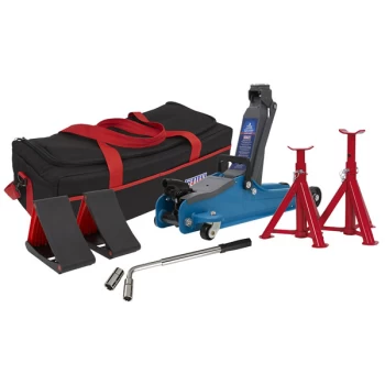Image of Trolley Jack 2tonne Low Entry Short Chassis & Accessories Bag Combo - Blue