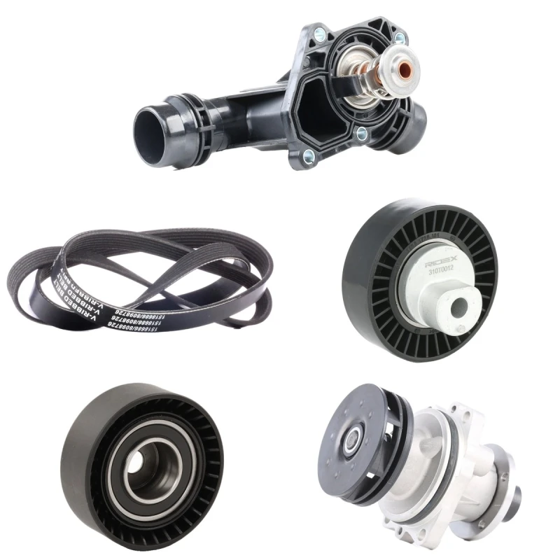 Image of RIDEX 4172P0063 Water Pump + V-Ribbed Belt Kit with thermostat Water Pump + V-Ribbed Belt Kit (4172)