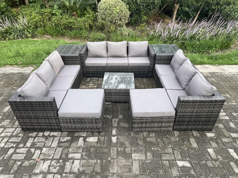 Image of Fimous Outdoor Rattan Garden Furniture Set Patio Lounge Sofa Set with 2 Side Tables Square Coffee Table 2 Big Footstool Dark Grey