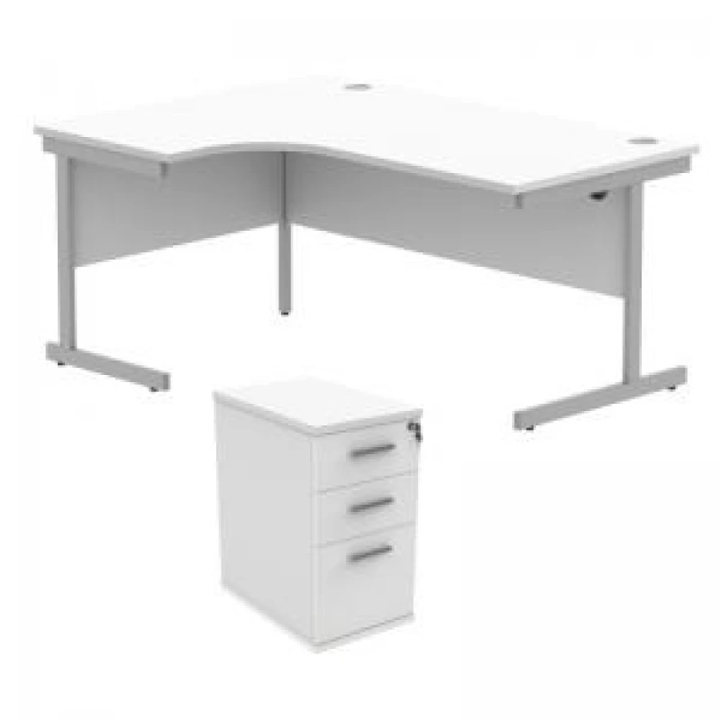 Image of Astin Radial Left Hand SU Desk +Desk High Pedestal 1600x1200 Arctic White/Silver KF820087