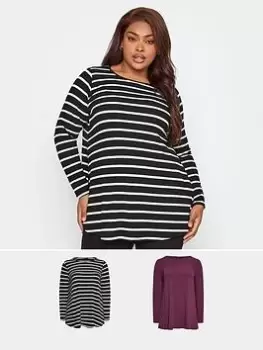 Image of Yours Long Sleeve Rib Swing Top 2 Pack. Purple & Mono Stripe - Multi, Purple, Size 16, Women