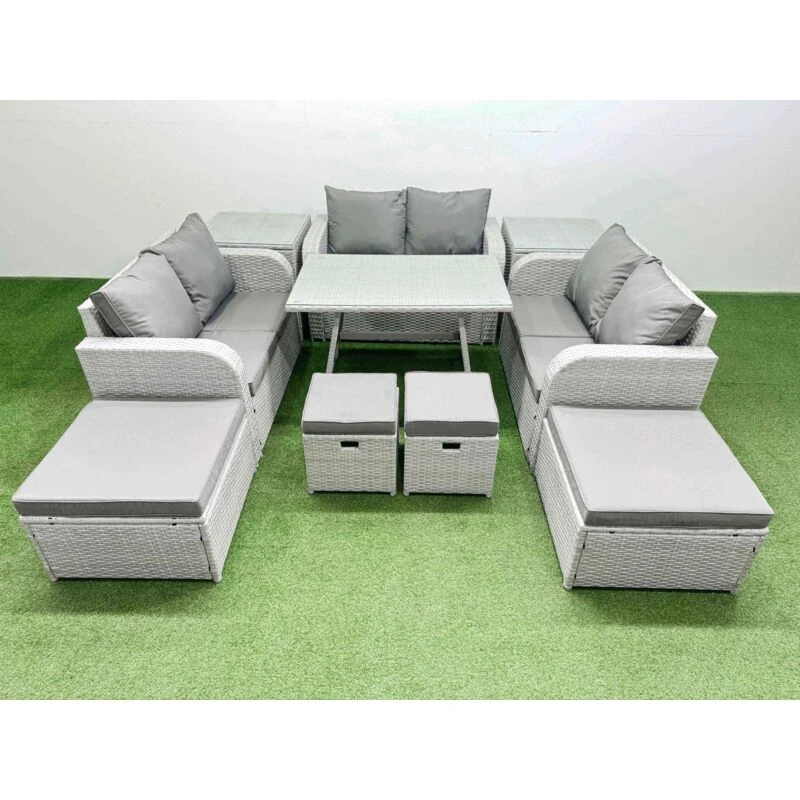 Image of FIMOUS Fimous 10 Seater Patio Garden Furniture Sets with Dining Table Love Sofa 2 Side Tables 4 Stools Light Grey B400070909121213383838