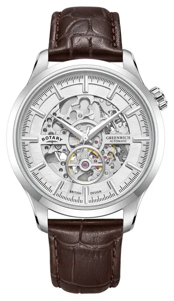 image of Rotary GS02945/06 Greenwich Silver Skeleton Dial Brown Watch