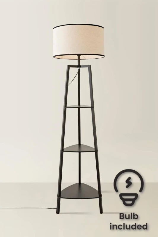 Image of ValueLights ValueLights Hiru Black 3 Tier Wood Shelf Floor Lamp with Linen Shade and LED Bulb Black One Size Unisex 5059406058493