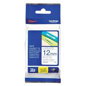 Image of Brother P-touch TZe 233 12mm x 8m Laminated Labelling Tape Blue On White