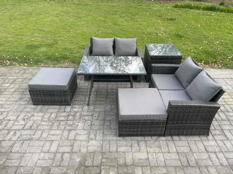 Image of Fimous 6 Seater Garden Dining Set Wicker PE Rattan Outdoor Furniture Sofa with Rectangular Dining Table Double Seat Sofa 2 Big Footstool Side Table Da