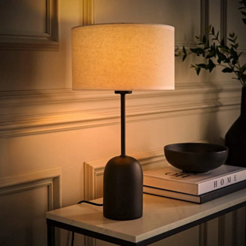 Image of ValueLights ValueLights Kaiden Black Dome Table Lamp with Trim Edge Linen Drum Shade and Bulb in White White One Size Unisex 5059406070372