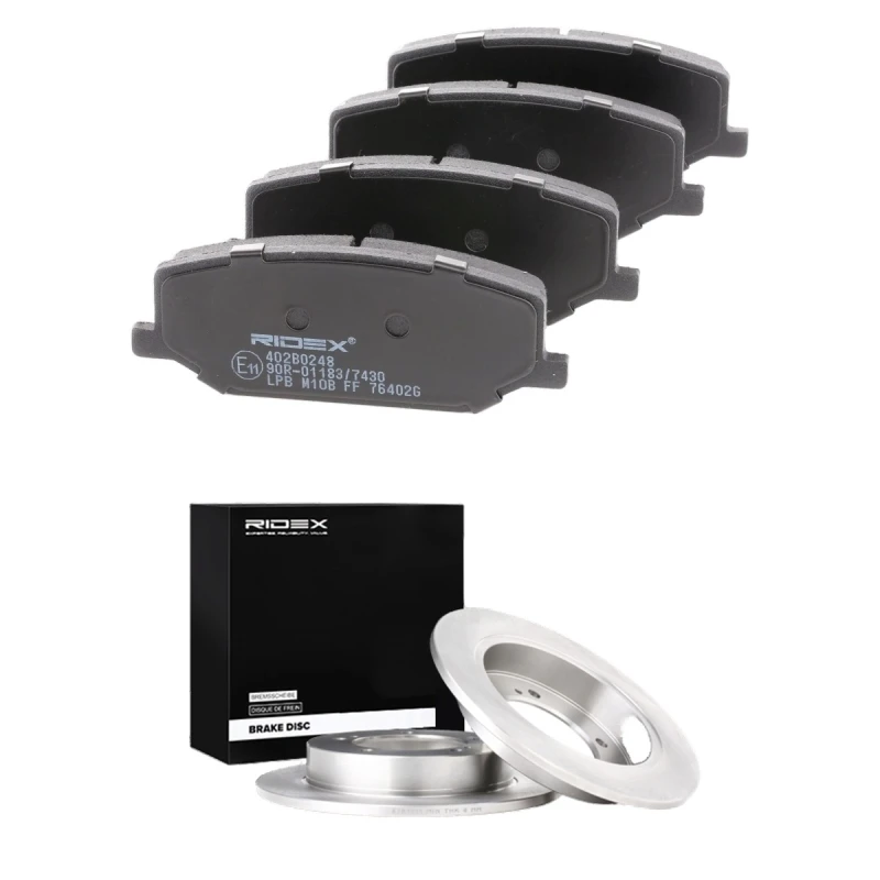 Image of RIDEX 3405B2729 Brake disc and pads set Front Axle, Brake Disc Type: Solid, excl. wear warning contact Brake Set,disc brakes (3405)