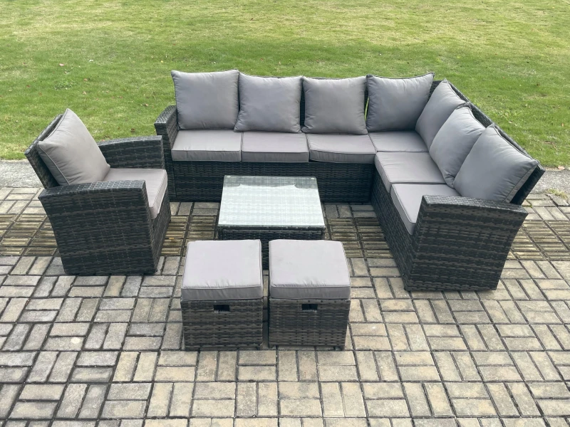 Image of Fimous 9 Seater Wicker PE Outdoor Garden Furniture Set High Back Rattan Corner Sofa Chair Set with 2 Small Footstools Square Coffee Table in Dark Grey