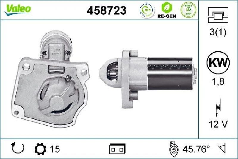 Image of VALEO 458723 Starter motor 1,8kW, 12V, Number of Teeth: 15 Starter (2)