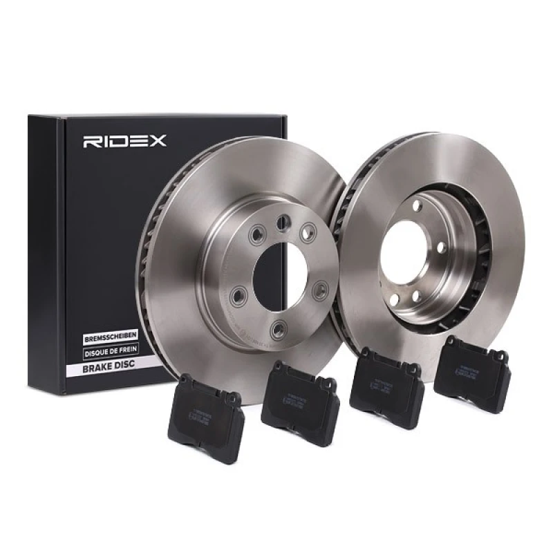 Image of RIDEX 3405B0970 Brake disc and pads set Front Axle Right, Brake Disc Type: internally vented, excl. wear warning contact Brake Set,disc brakes (3405)