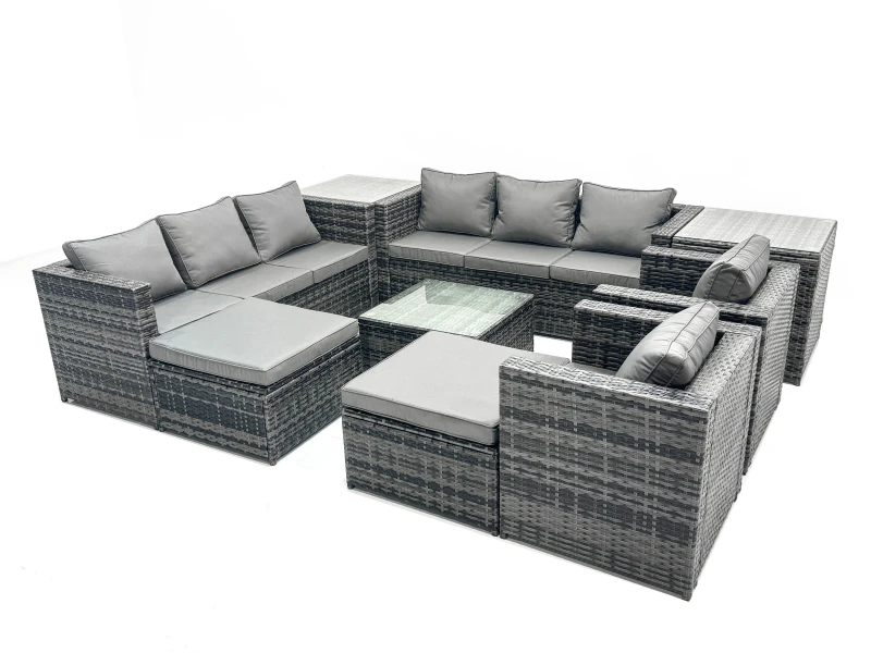 Image of Fimous 10 Seater Patio Lounge Sofa Set with 2 Side Tables 2 Big Footstool in Dark Grey Dark Grey Unisex