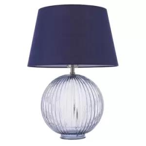 Image of Evie Table Lamp Smokey Grey Ribbed Glass & Navy Cotton 1 Light IP20 - E27
