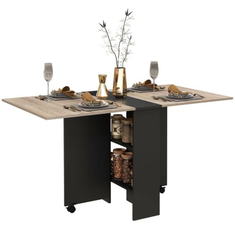 Image of HOMCOM HOMCOM Mobile Drop Leaf Dining Table Folding Desk w/ 2 wheels Storage Shelves in Black One Size Unisex 5056725559731