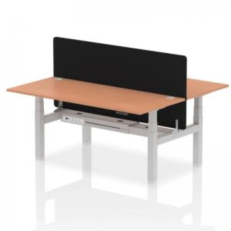 Image of Air Back - to - Back 1800 x 800mm Height Adjustable 2 Person Bench Office Desk Beech Top - Cable Ports Silver Frame - Black Straight Screen