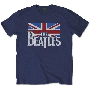 image of The Beatles - Drop T Logo & Vintage Flag Unisex Large T-Shirt - Blue