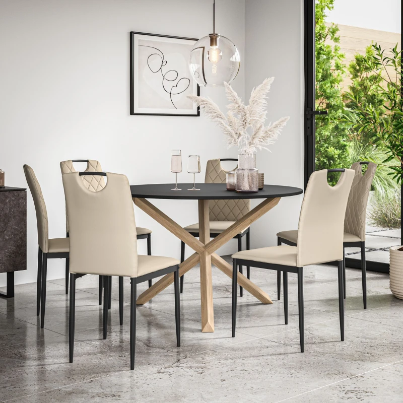 Image of More4Homes Malvern Round Dining Table & Chairs - Black Table Top w Solid Oak Legs + Monza Faux Leather Dining Chair Set Of 6 in Beige Beige Unisex