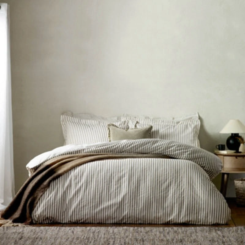 Image of Yard Hebden Striped Cotton Duvet Cover Set, Mole, Single