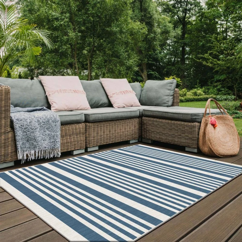 Image of THE RUGS Reversible Outdoor Rugs in Modern Stripes Duo Weave Collection in Blue Size: 120cm x 170cm Blue Unisex 120cm x 170 cm