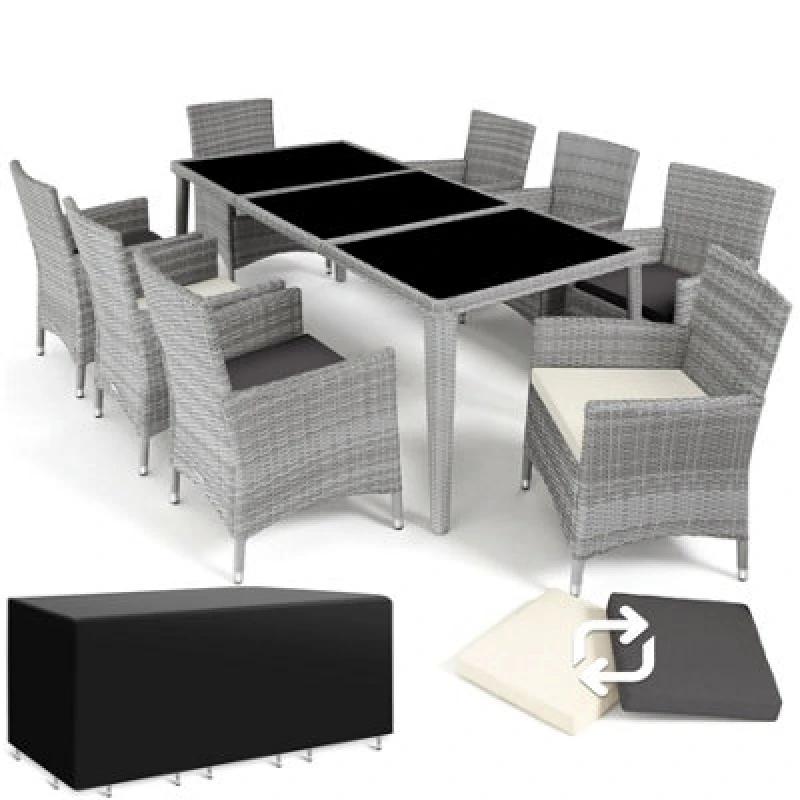 Image of Tectake Garden Table And Chairs Menorca - 8 Armchairs, Dining Table, Protective Cover - Light Grey