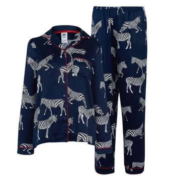 image of Chelsea Peers Button Up Satin Pyjama Set - Navy/White