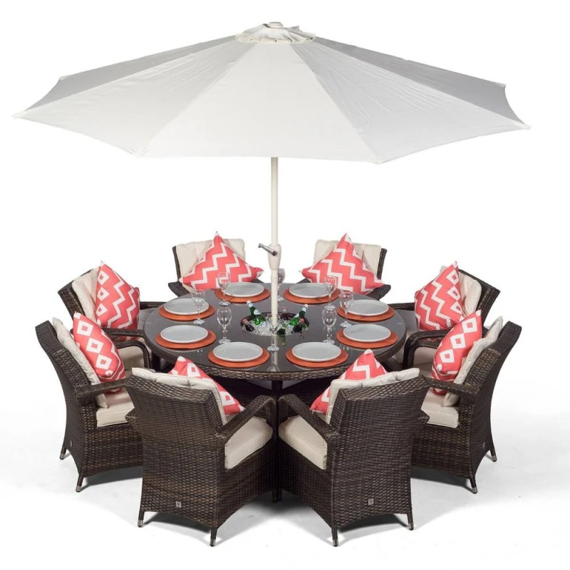 Image of Thats Furniture Arizona Round 8 Seater Rattan Dining Set with Ice Bucket Drinks Cooler in Brown Brown Unisex