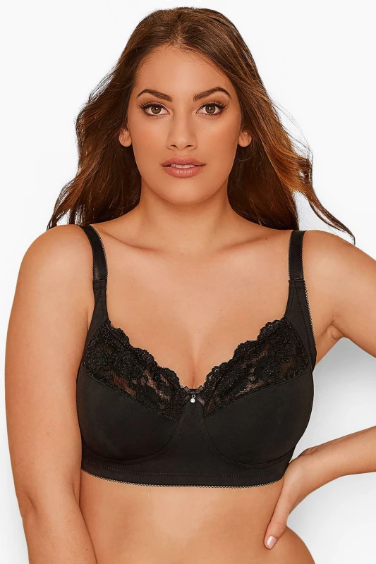 Image of Yours Womens Non-Wired Cotton Bra With Lace Trim in Black Size: 40C Black Female 40C
