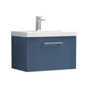 image of Nuie Deco Satin Blue 600mm Wall Hung Single Drawer Vanity Unit with 50mm Profile Basin - DPF394D - Satin Blue