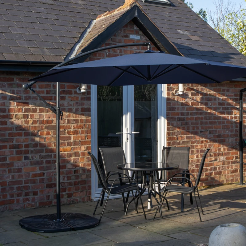 Image of Outdoor 4 Person Round Glass Top Garden Dining Table Chairs With Blue Banana Parasol and Base