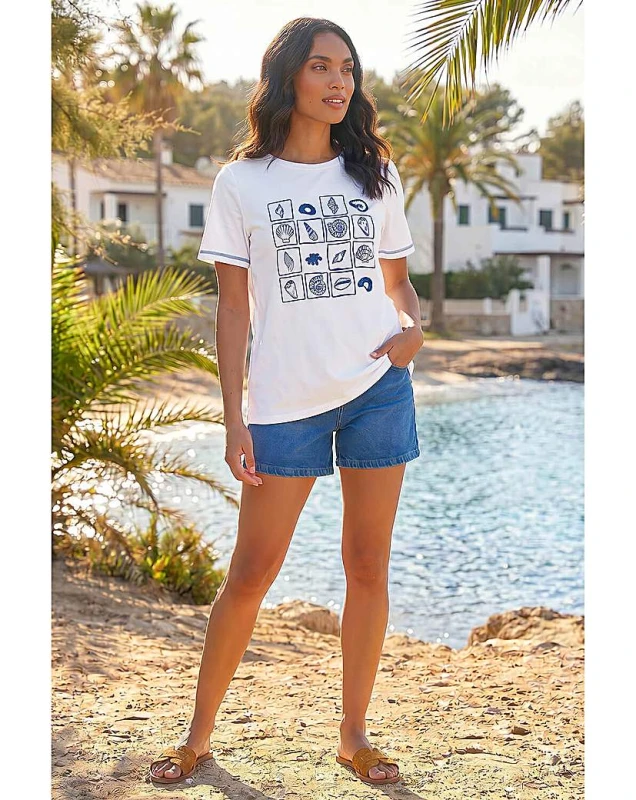 Image of Roman Originals Roman Textured Shell Print T-Shirt Ivory - Roman Originals - Size: 10 Ivory Female 10 RC19701