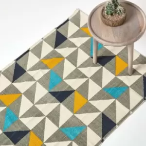 Image of HOMESCAPES Copenhagen Blue, Yellow and Grey 100% Cotton Geometric Style Scandi Printed Rug, 160 x 230cm - Multi Colour