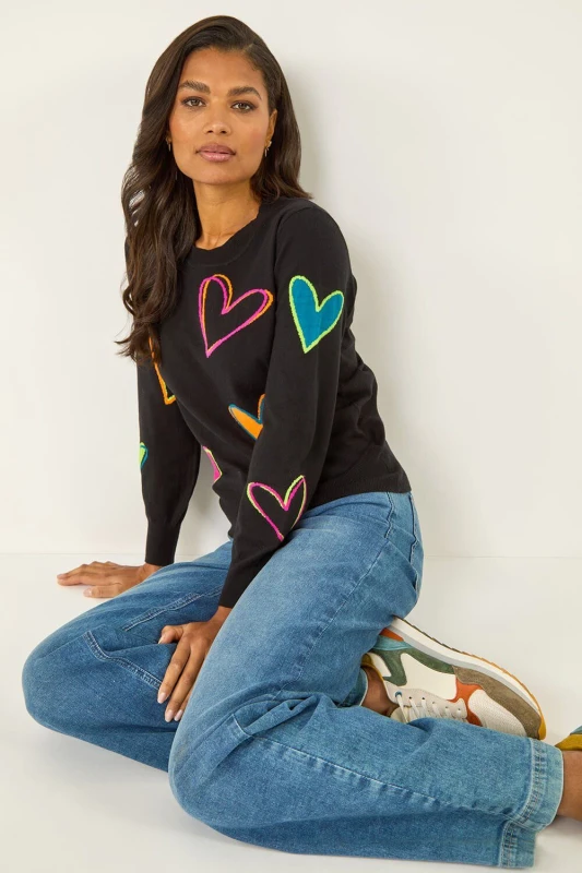 Image of Roman Womens Heart Print Knitted Jumper in Black Size: 20 Black Female 20