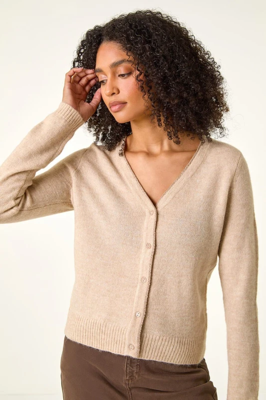 Image of Roman Shimmer V-Neck Ribbed Cardigan Natural