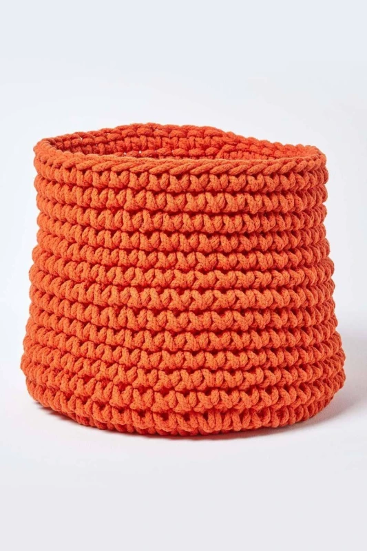 Image of Homescapes Cotton Knitted Round Storage Basket, 42 x 37cm Burnt Orange