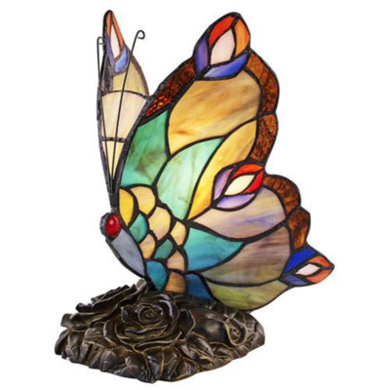 Image of Happy Homewares Beautiful Handmade Multi-Coloured Glass Butterfly Tiffany Lamp With Bronze Base