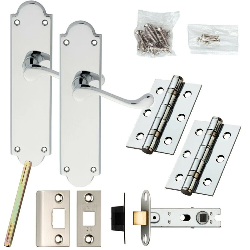 Image of Loops Door Handle & Latch Pack Chrome Victorian Scroll Lever Backplate 205 x 49mm Multi