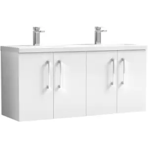 image of Nuie Arno Gloss White 1200mm Wall Hung 4 Door Vanity Unit with Twin Polymarble Basin - ARN123F - Gloss White