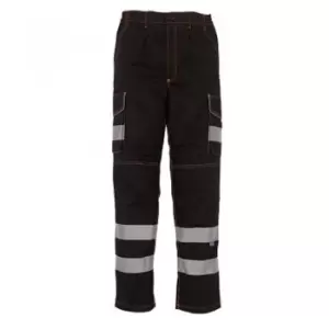 Image of Yoko Mens Hi-Vis Cargo Trousers With Knee Pad Pockets (30in Long) (Black)