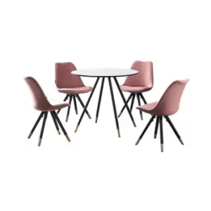 Image of 5 Pieces Life Interiors Sofia Dorchester Dining Set - a White Round Dining Table and Set of 4 Pink Dining Chairs - Pink