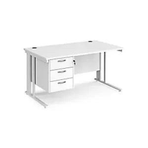 Image of Rectangular Straight Desk White Wood Cable Managed Legs White Maestro 25 1400 x 800 x 725mm 3 Drawer Pedestal