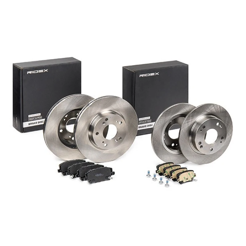 Image of RIDEX 3405B1747 Brake disc and pads set Rear Axle, Brake Disc Type: Solid, with acoustic wear warning, with anti-squeak plate Brake Set,disc brakes (