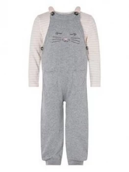 Image of Monsoon Baby Girls Knitted Dungaree and T-Shirt Set - Grey, Size 6-9 Months