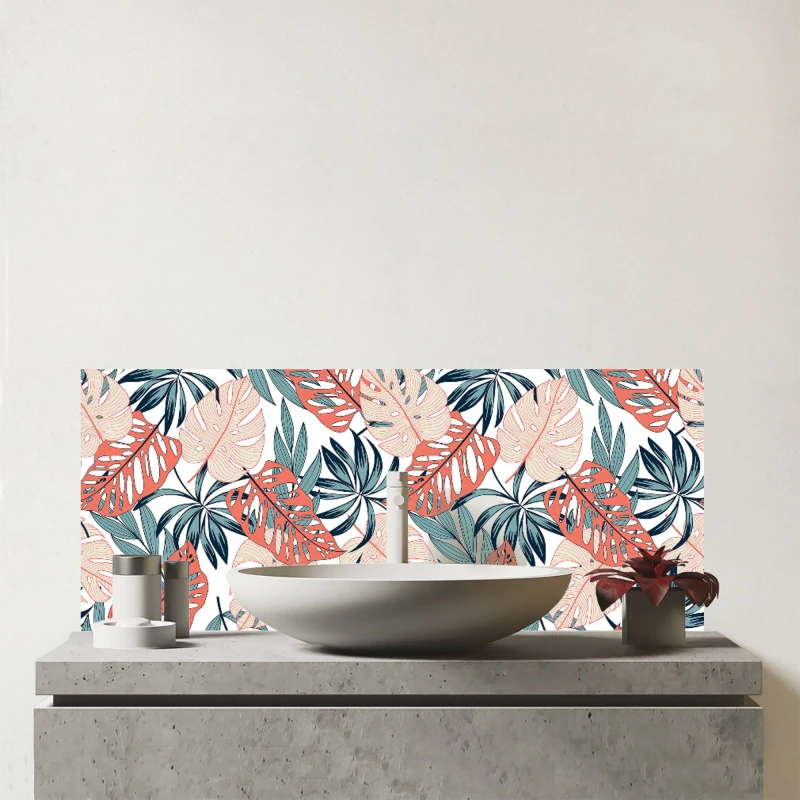 Image of Warren Reed - Designer Tropical Leaf Pattern Glass Bathroom Splashback in Green Green Unisex