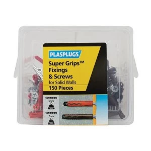 image of Plasplugs Super Grips Fixings & Screws Kit for Solid Walls, 150 Piece