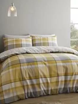 image of Catherine Lansfield Check Reversible Brushed Duvet Cover Set - Ochre