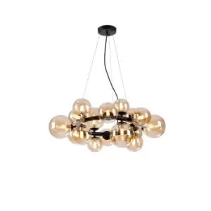 image of Marshall Circular Ceiling Pendant, 16 Light G9, Satin Black, Amber Plated Glass