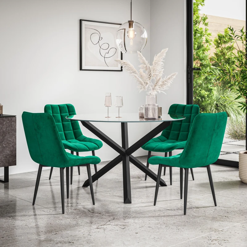 Image of More4Homes Malvern Round Dining Table And Chairs - Clear Glass Table Top W Solid Black Oak Legs + Nova Velvet Dining Chair Set Of 4 (Green)