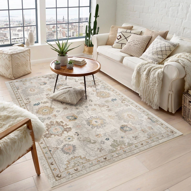 Image of Maia Washable Low Pile Non Slip Lagoon Traditional Area Rug - Beige, 120 X 180 Cm (Rectangular)