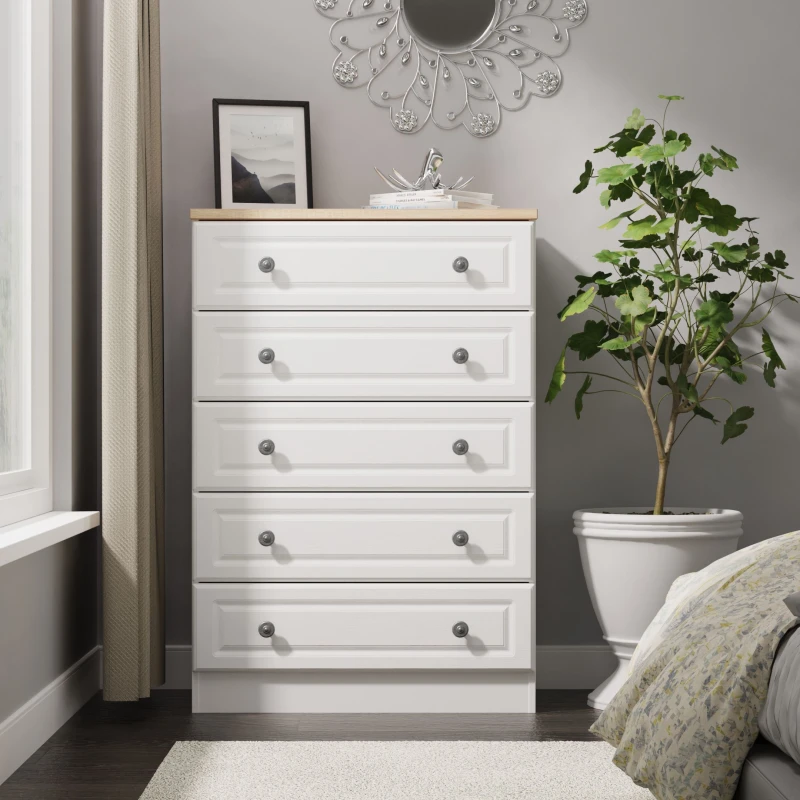 Image of Ready Assembled 2 U Surrey 5 Drawer Chest (Ready Assembled) in White Size: Large White Unisex Large