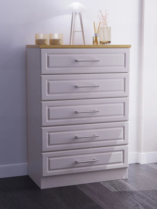Image of Sevilla Ready Assembled Matt Beige Light Oak Effect 5 Drawer Wide Chest (H)1075mm (W)765mm (D)415mm
